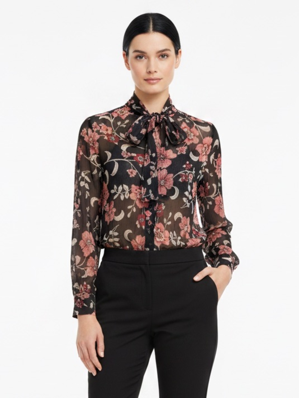 Sheer Floral Tie Neck Button Down Blouse Black‎ Pink Orange Long Sleeve Top 12